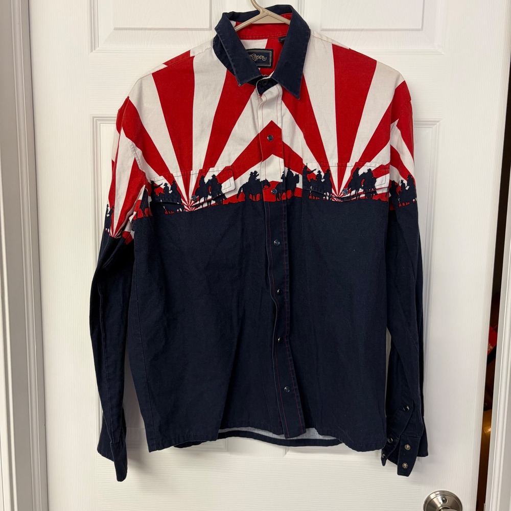 Roper Mens Western Shirt Medium Red White Blue Cowboy Patriotic Cotton